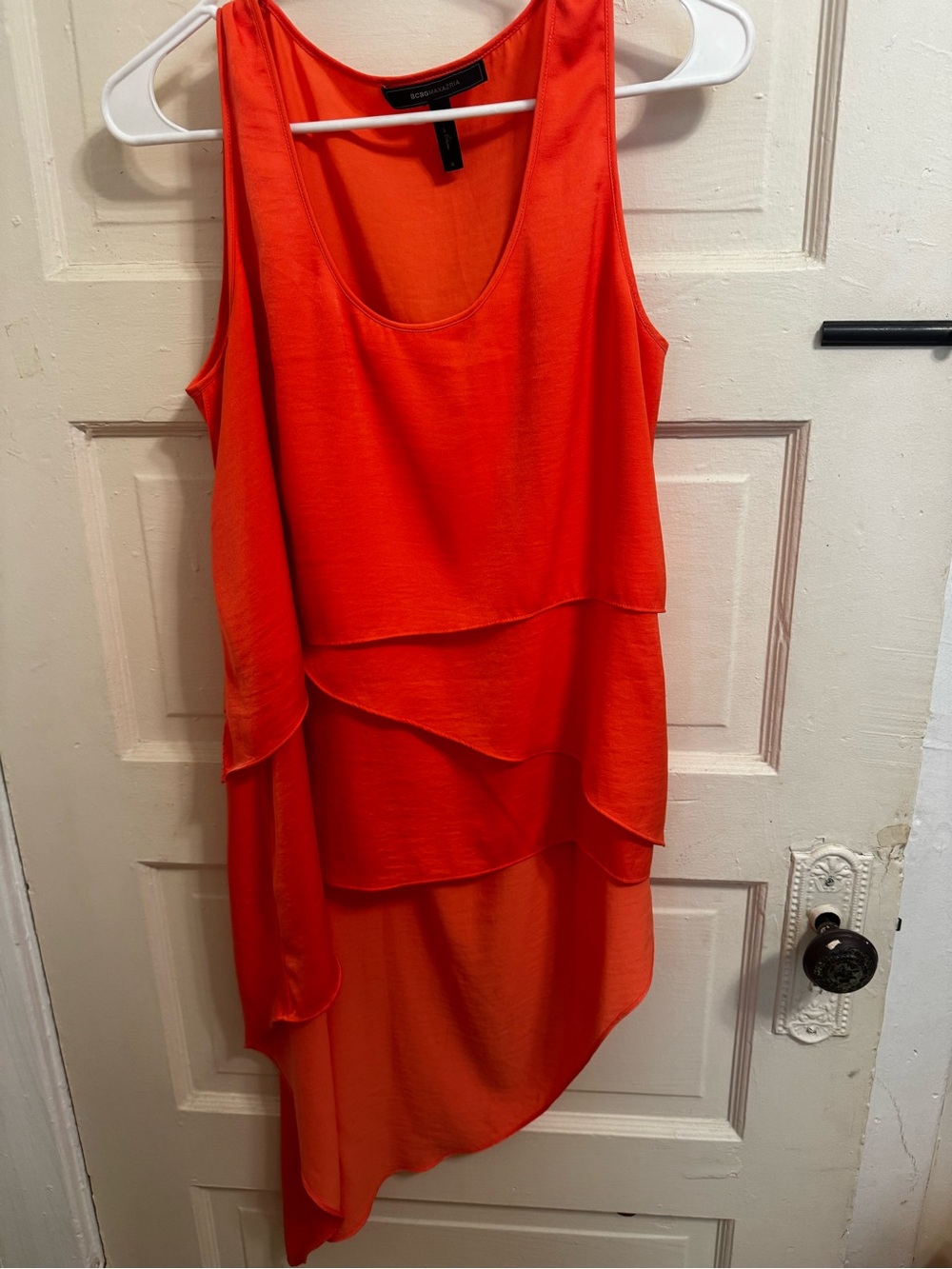 BCBGMaxAzria Layered Asymmetrical Sleeveless Blouse in Bright Orange